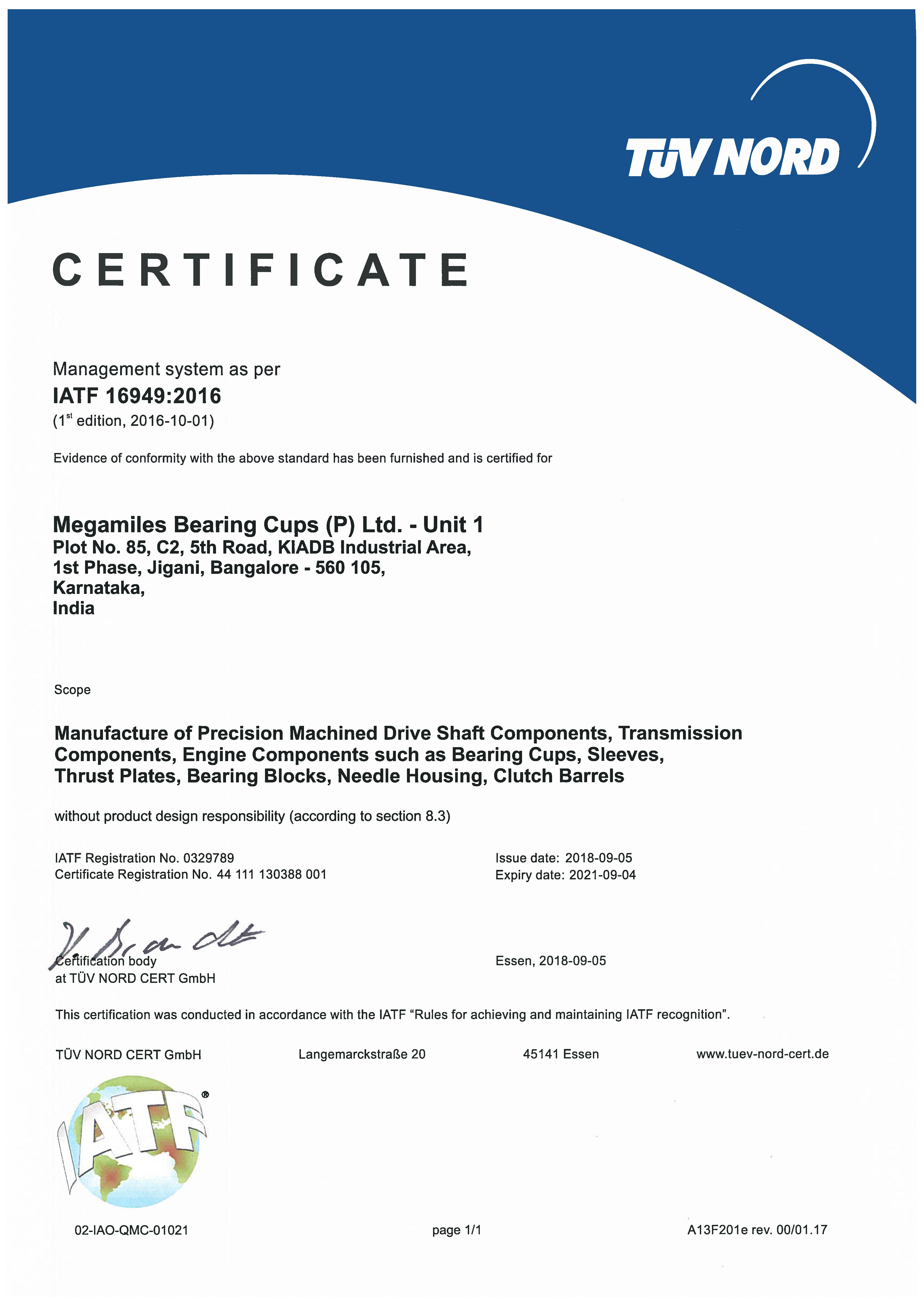 Megamiles IATF 16949 Certificate